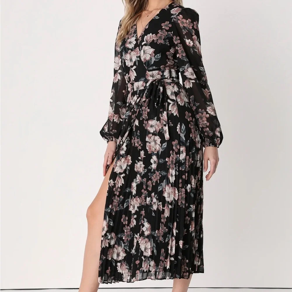 Lulu's Blooming Whimsy Black Floral Pleated Midi Wrap Dress - Picture 2 of 14